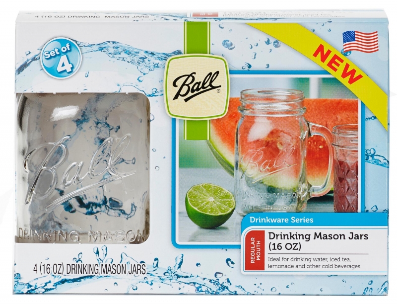 16001LB - Ball, 16oz. R/M Plain Drinking Logo Jar With Lid & Band. / แก้วมีหูพิมพ์โลโก้บอลล์พร้อมฝาปากแคบ16ออนซ์