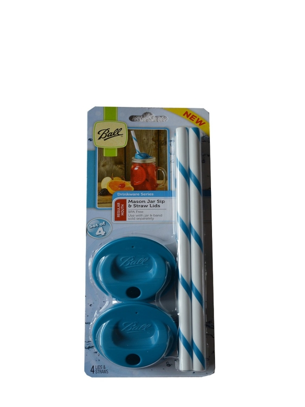 15001B-ชุดฝาสำหรับโหลแก้วปากแคบบอลล์พร้อมหลอดสีฟ้า